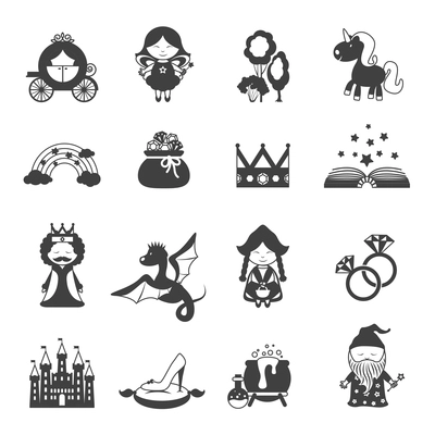 Fairy tale black icons set with princess dragon and magic symbols isolated vector illustration