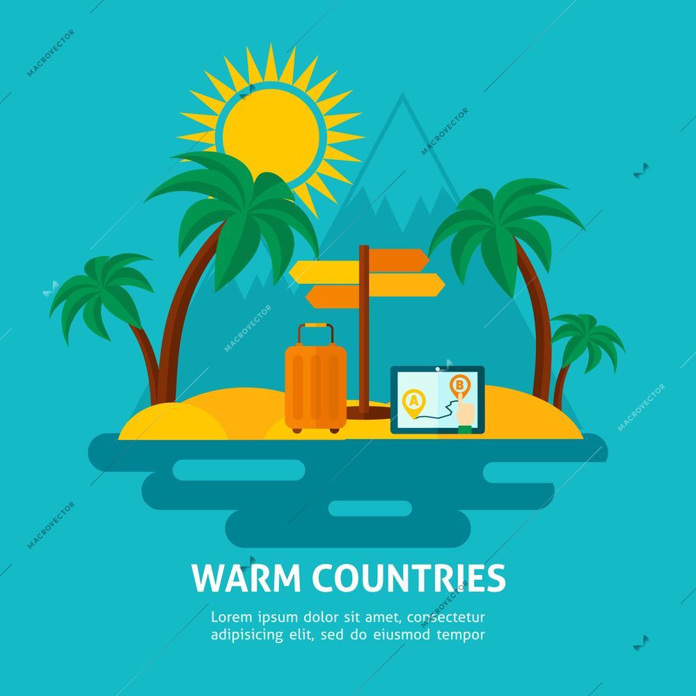 Tourist flat background with tropical island and travel symbols vector illustration