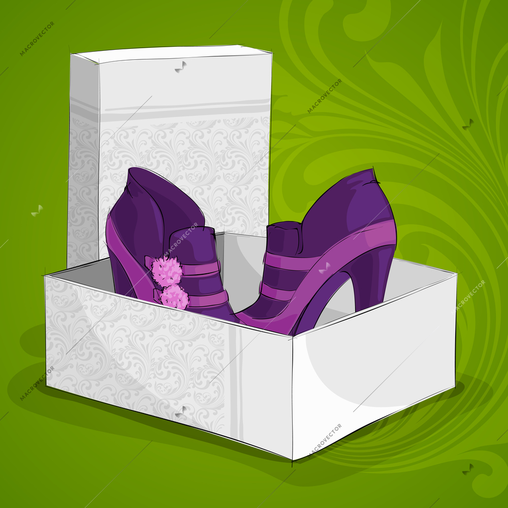 Fashion woman's purple ankle boots with fluffy buckles in open box vector illustration