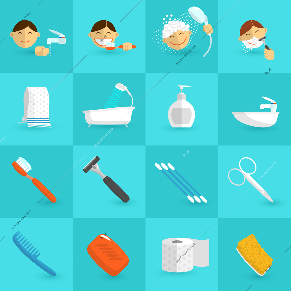 Personal hygiene icons flat set with bathroom cosmetics isolated vector illustration