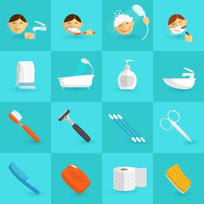 Personal hygiene icons flat set with bathroom cosmetics isolated vector illustration