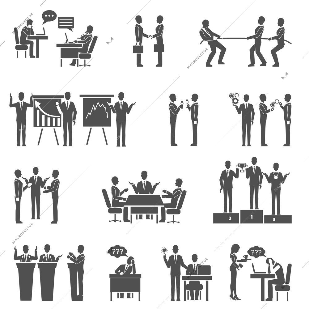 Business collaboration teamwork brainstorming black icons set isolated vector illustration