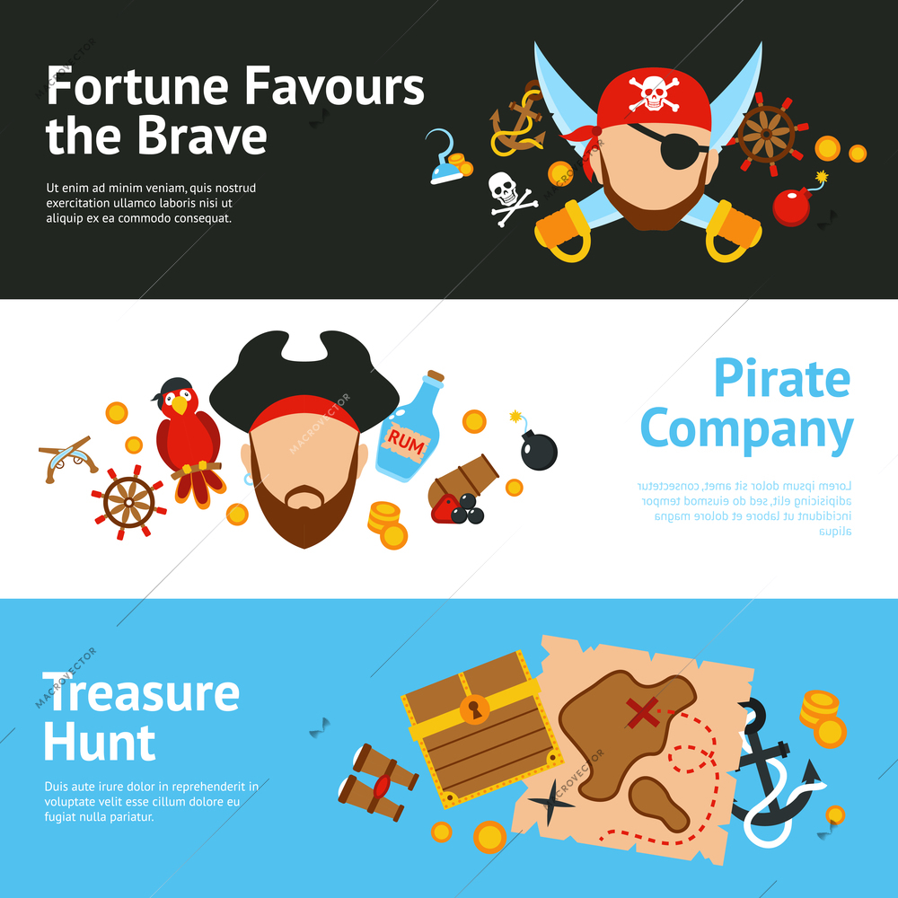 Pirates adventure hunt for lost treasure sailing cruise advertisement banners set poster flat abstract isolated vector illustration