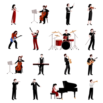Musicians flat icons set with pianist clarinet trumpet guitar players isolated vector illustration