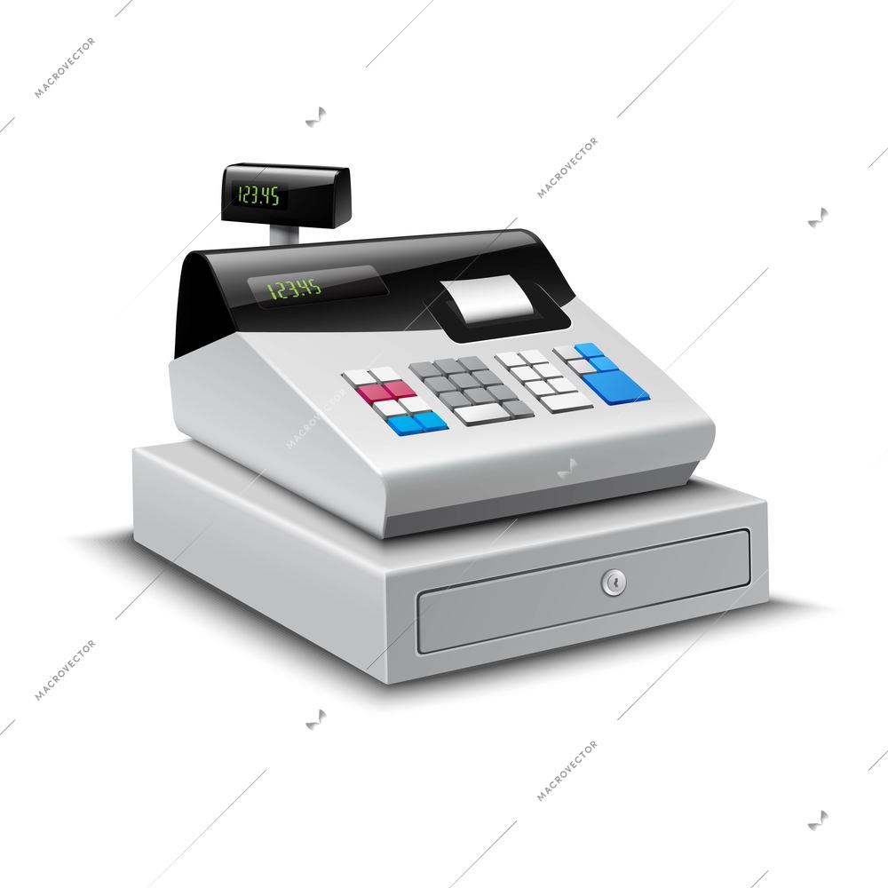 Realistic modern cash register with digital display isolated on white background vector illustration