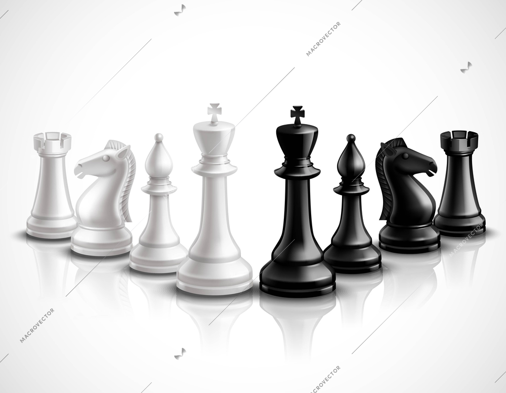 Realistic chess game pieces 3d icons set with reflection vector illustration