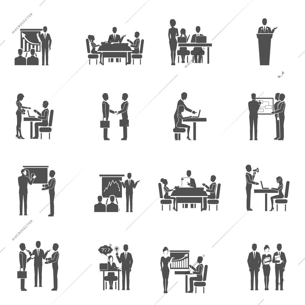 Business training teamwork and collaboration black icons set isolated vector illustration