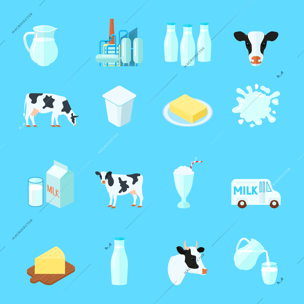 Milk icons flat set with cow butter cheese isolated vector illustration