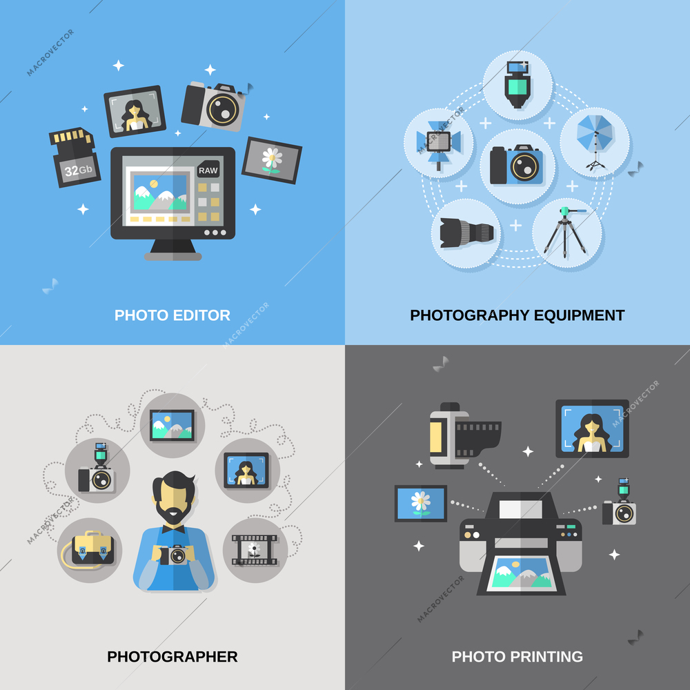 Photography design concept set with equipment photo editor and printing photographer isolated vector illustration