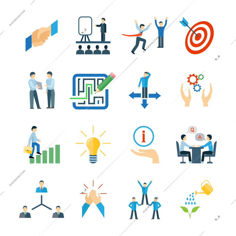 Mentoring and personal skills development icons flat set isolated vector illustration