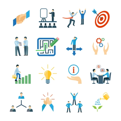 Mentoring and personal skills development icons flat set isolated vector illustration