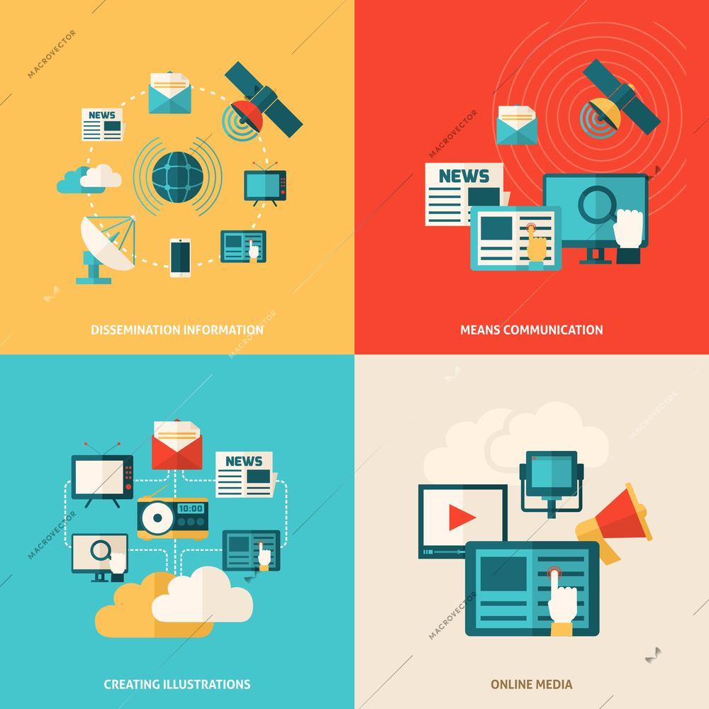 Media design concept set with social online information flat icons isolated vector illustration