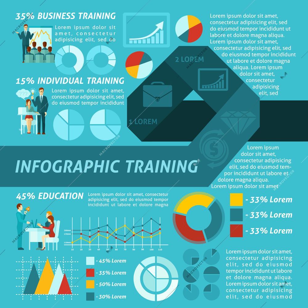 Business training infographics set with businessmen communication symbols and charts vector illustration