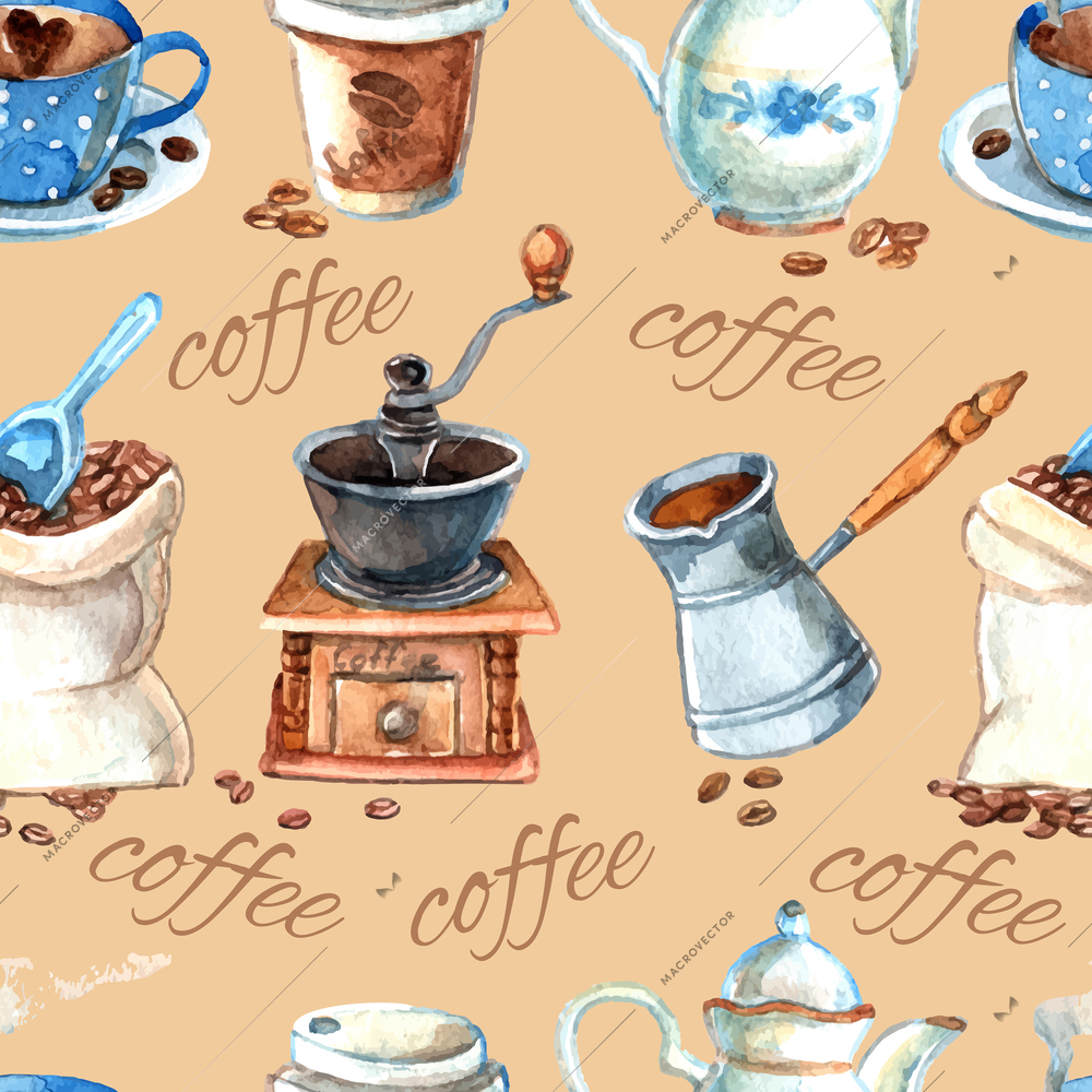 Decorative vintage style hand drawn watercolor coffee set items with cezve and grinder seamless pattern vector illustration