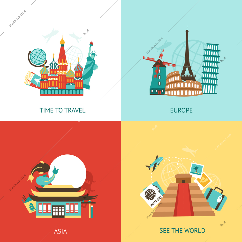 Travel design concept set with world landmarks flat icons isolated vector illustration