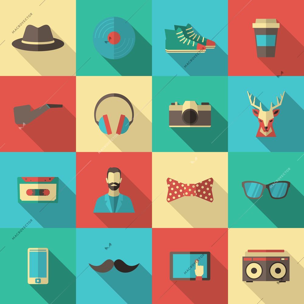 Hipster flat long shadow icon set with cassette bow tie and glasses isolated vector illustration