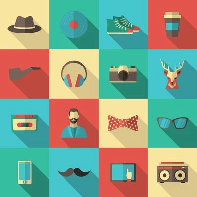 Hipster flat long shadow icon set with cassette bow tie and glasses isolated vector illustration