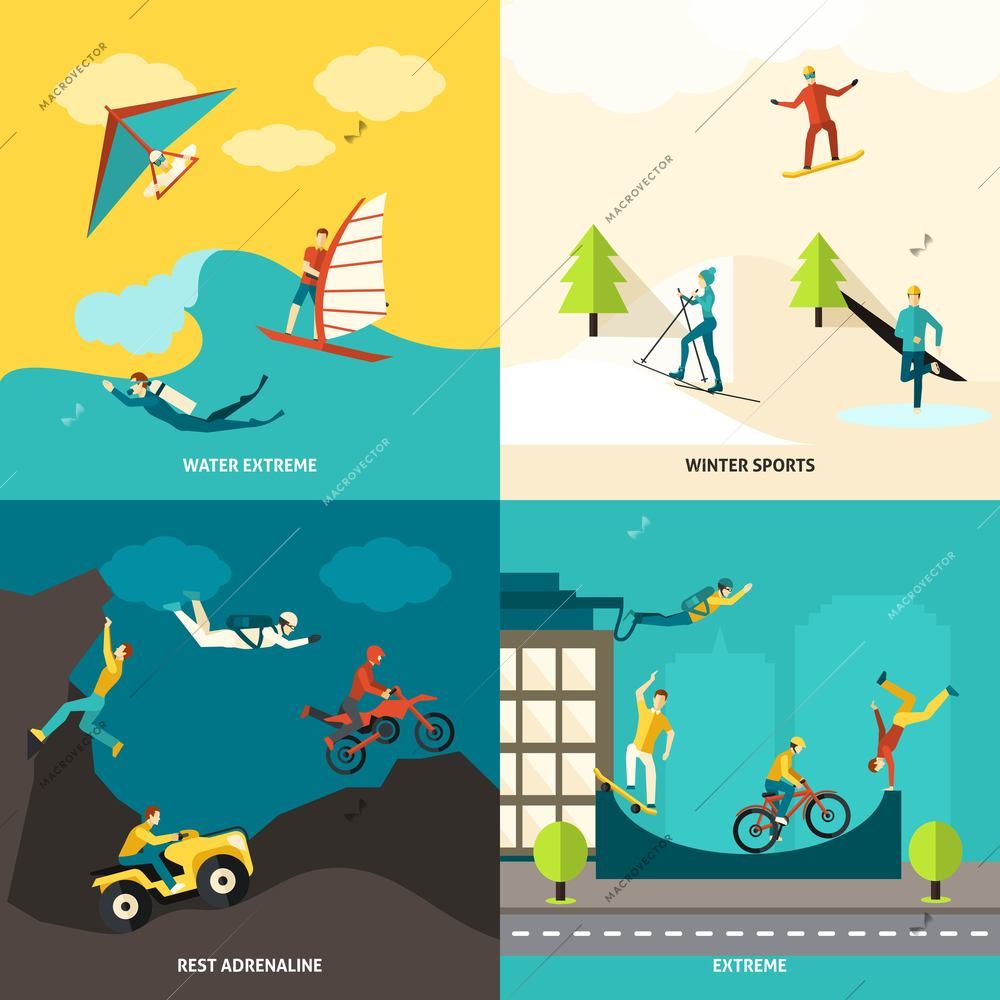 Extreme sports design concept set with winter and water adrenaline adventures flat icons isolated vector illustration