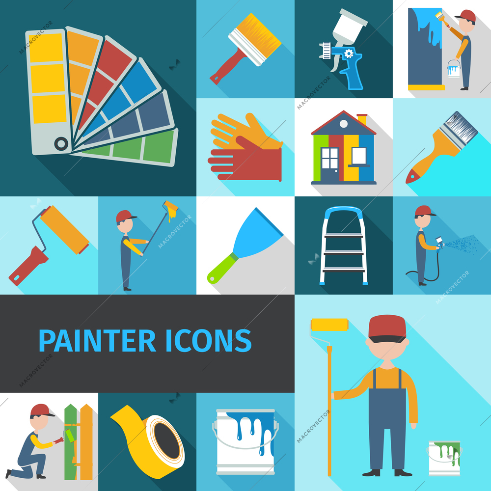 Painter cartoon character man flat shadow pictograms set with pail brush and ladder abstract isolated vector illustration