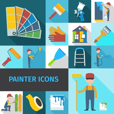 Painter cartoon character man flat shadow pictograms set with pail brush and ladder abstract isolated vector illustration