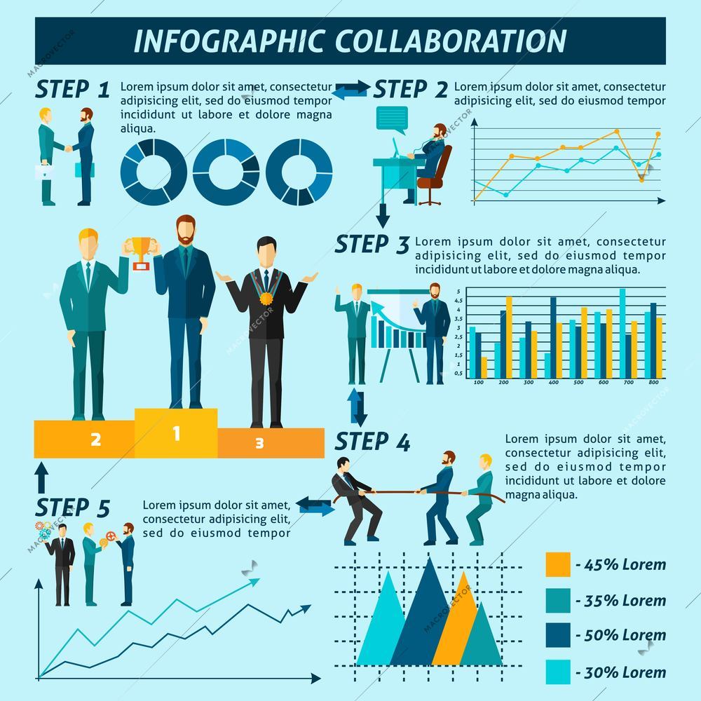 Collaboration infographics set with business workforce symbols and charts vector illustration