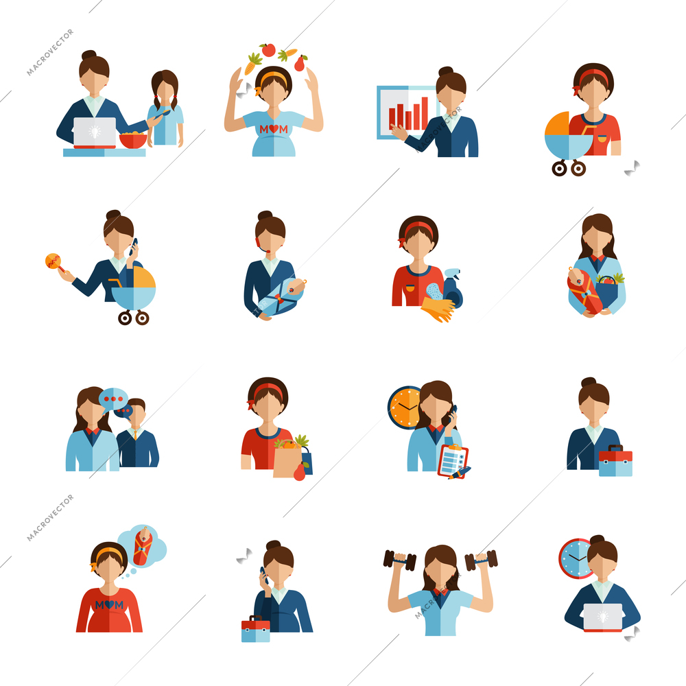 Businesswoman mother daily routine successful work family and fitness combination flat icons set abstract vector isolated  illustration