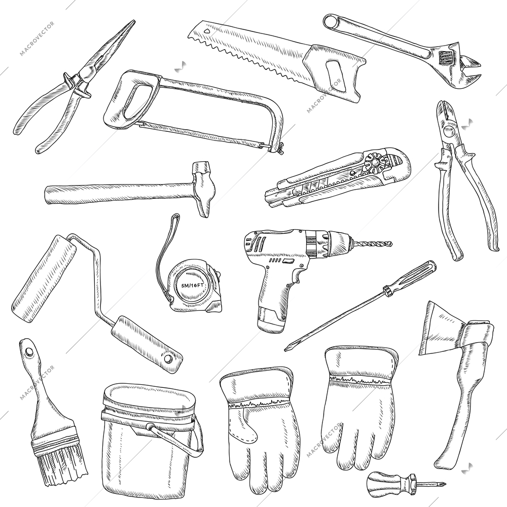 Painter renovator tools black outlined icons set of screw-wrench paint-roller and electric drill abstract vector isolated illustration