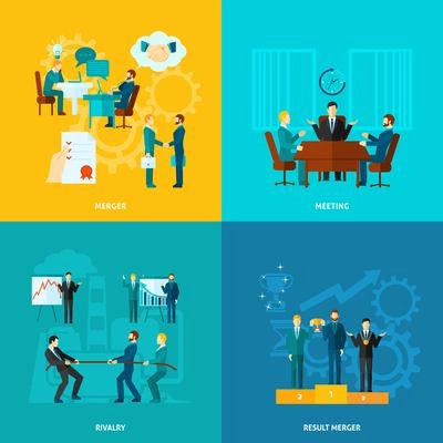 Collaboration design concept set with meeting rivalry result merger flat icons isolated vector illustration