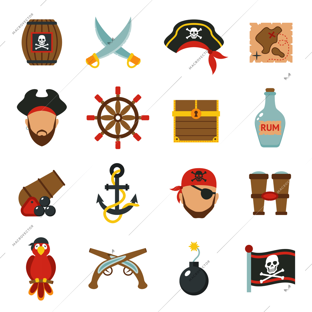Pirate accessories symbols flat icons collection with wooden treasure chest and jolly roger flag abstract vector illustration