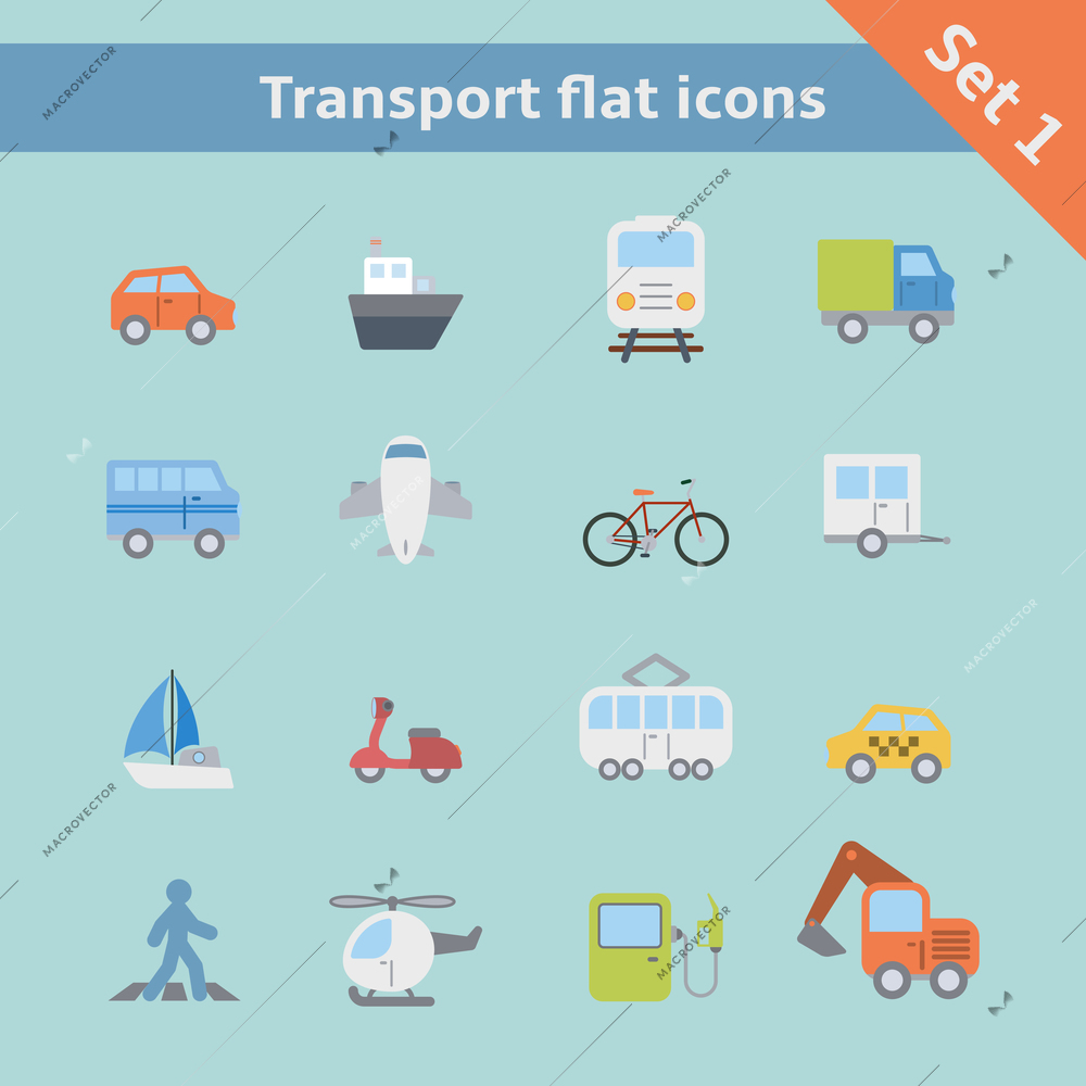 Transportation flat icons set of car truck bus pedestrian isolated vector illustration