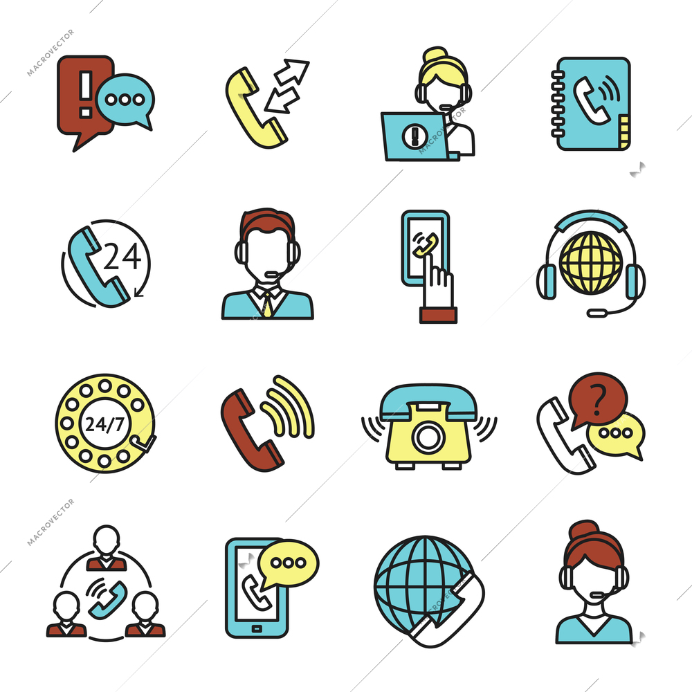 Call center customer service chat telephone assistance icons set isolated vector illustration
