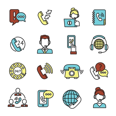 Call center customer service chat telephone assistance icons set isolated vector illustration