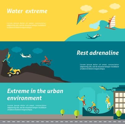 Extreme sport horizontal banner set with water urban adrenaline adventure elemetns isolated vector illustration