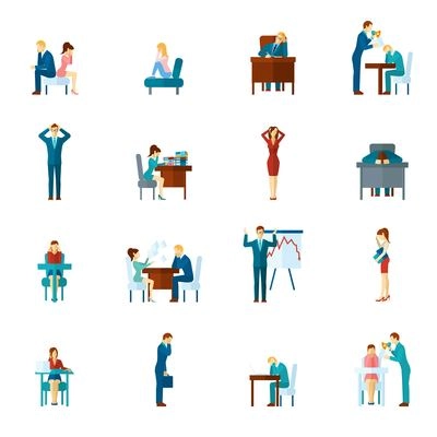 Depression and frustration at work and home flat icons set isolated vector illustration