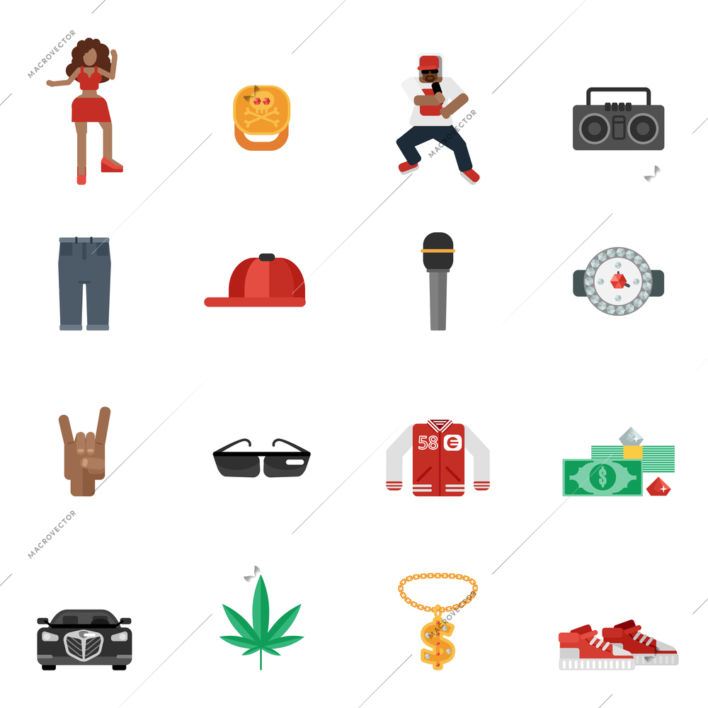 Rap and hip-hop street music flat icons set isolated vector illustration