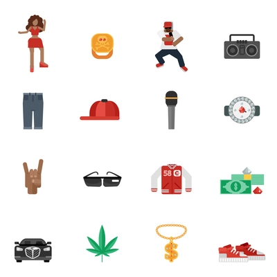 Rap and hip-hop street music flat icons set isolated vector illustration