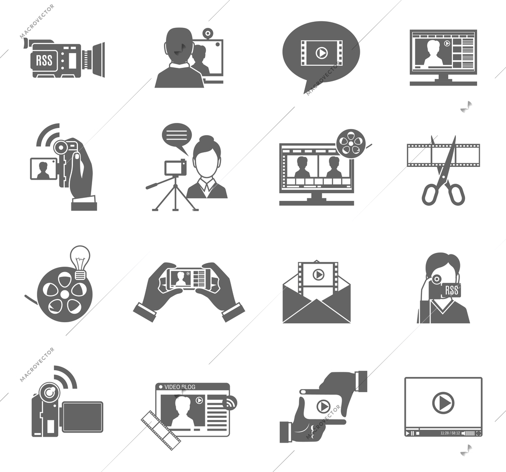 Video blog social media communication black icons set isolated vector illustration