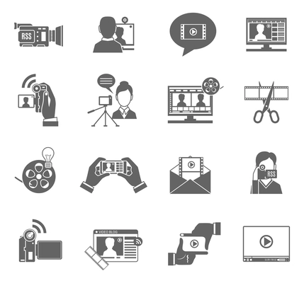 Video blog social media communication black icons set isolated vector illustration