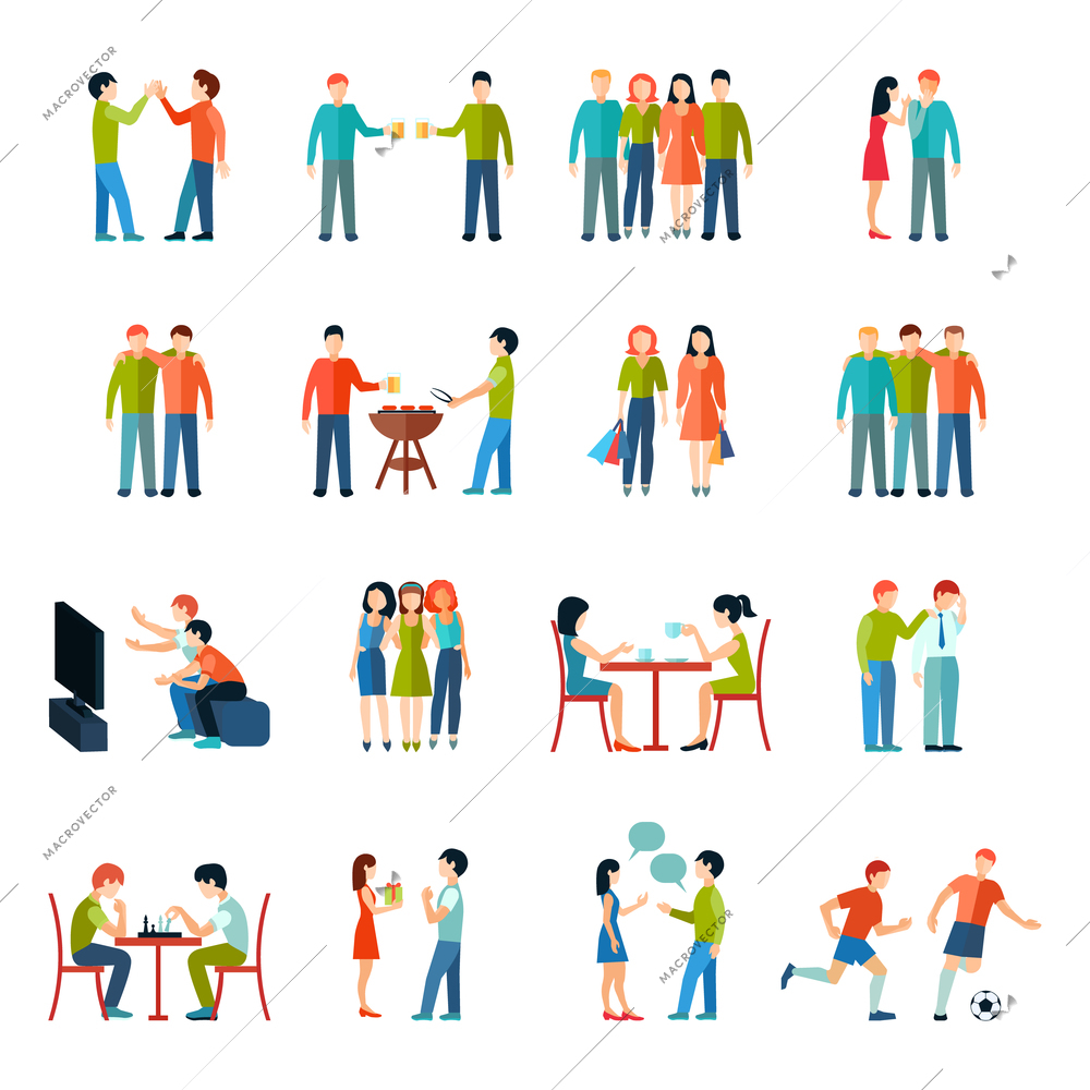 Friends relationship people society icons flat set isolated vector illustration
