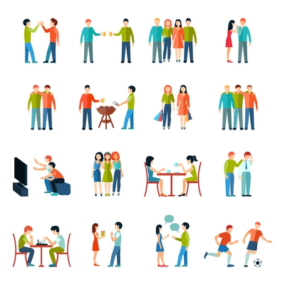 Friends relationship people society icons flat set isolated vector illustration