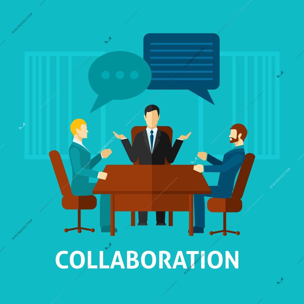 Flat collaboration icon with businessmen in office talking about projects vector illustration