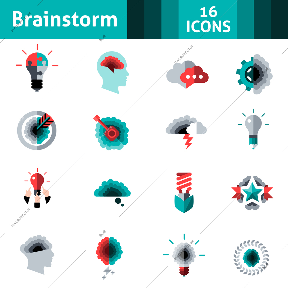 Brainstorm target achievement creativity and productivity icons set isolated vector illustration