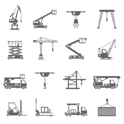 Lifting equipment and heavy industrial machines black icons set isolated vector illustration