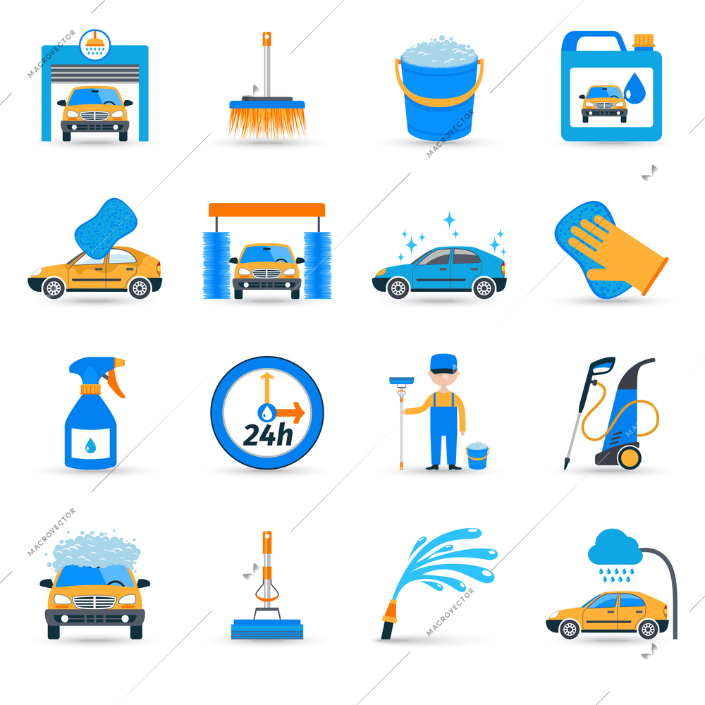 Automatic carwash facilities innovative self service foaming brush unit equipment flat icons set abstract vector isolated illustration