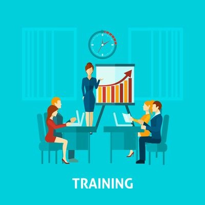 Business training flat icon with businessmen in office and speaker making presentation vector illustration