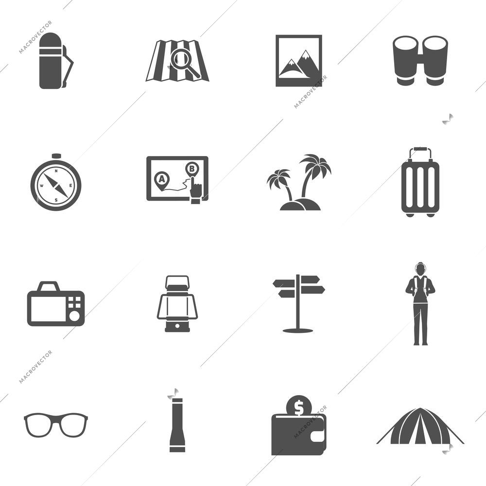 Tourist black icons set with flask map photo binoculars isolated vector illustration