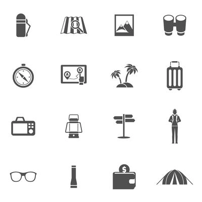 Tourist black icons set with flask map photo binoculars isolated vector illustration