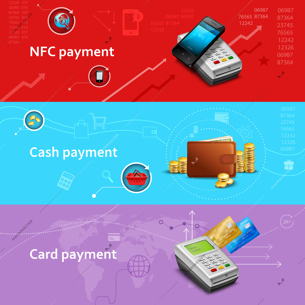 Payment horizontal banners set with realistic cash and card elements isolated vector illustration