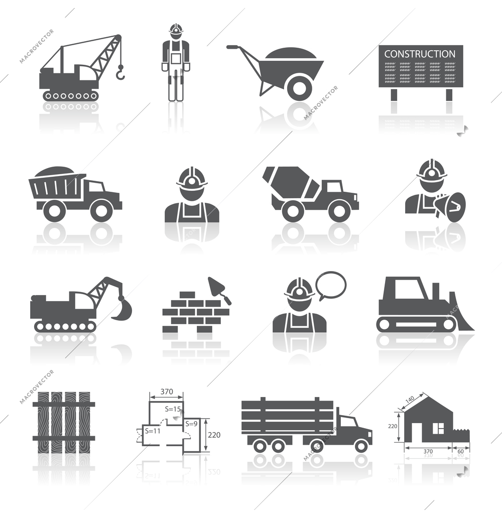 Construction pictograms collection of worker industrial vehicles and blueprint isolated vector illustration