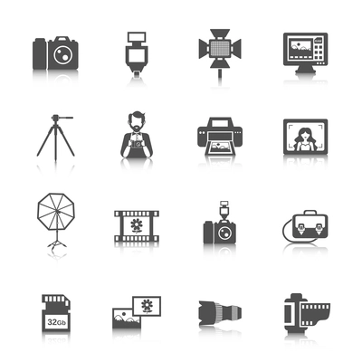 Photography icons black set with digital photo camera equipment isolated vector illustration